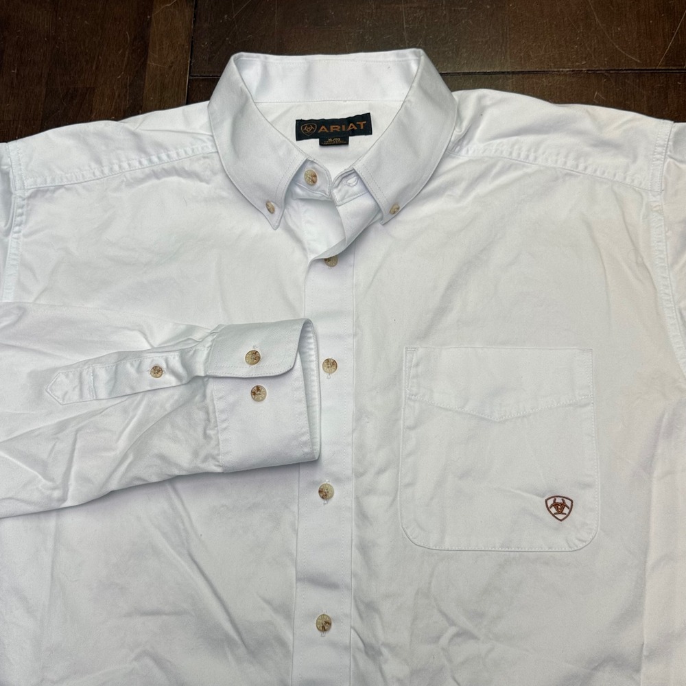 Ariat Button Down Shirt Mens XL White Long Sleeve Cotton Twill Pocket Logo